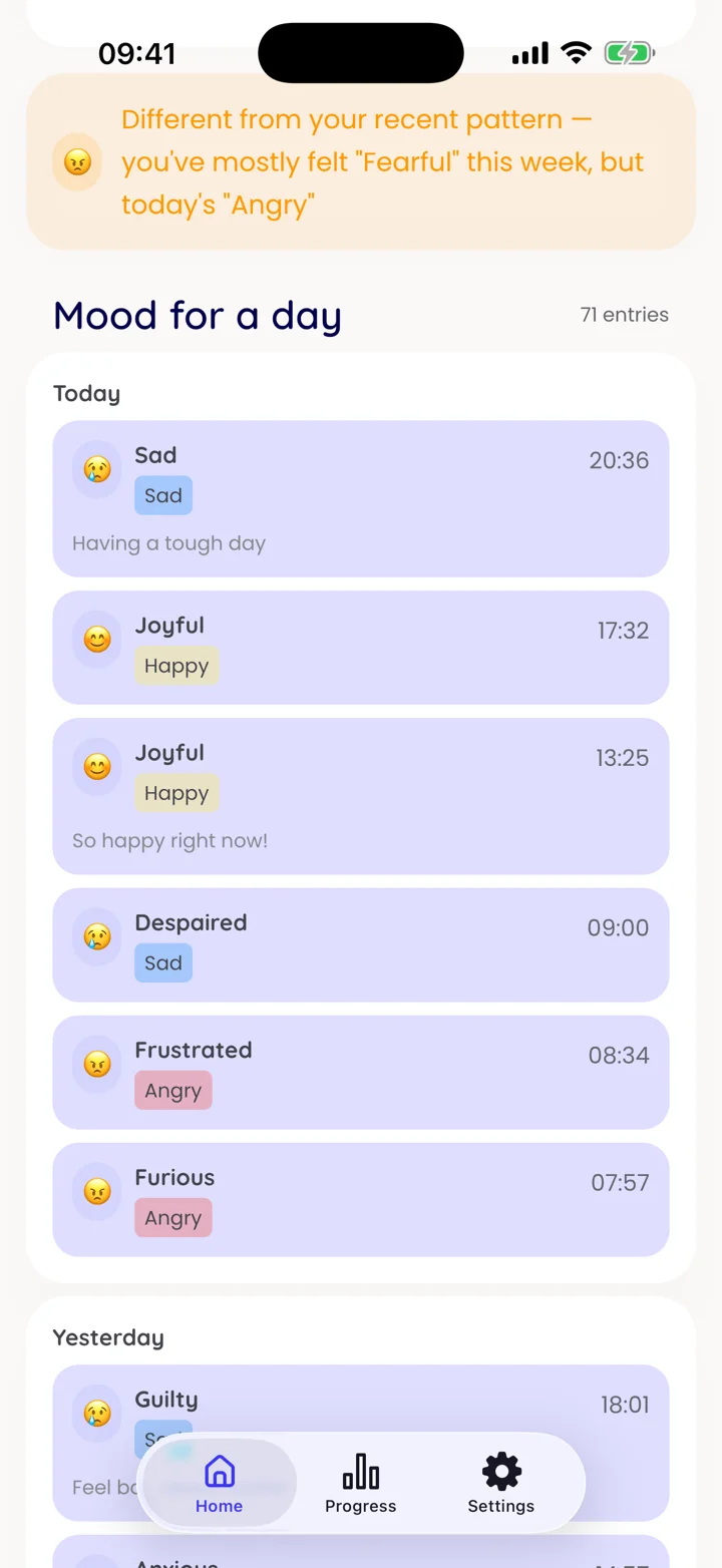 Emotion history with time-stamped feelings and optional personal notes.